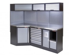 Komplette Werkstatteinrichtung, Werkbank mit Eckverbindung und Metallplatte - Werkstatt Set 223 x 200 cm.