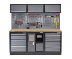 Werkstatt Set mit Hartholzplatte, Lochwand, 3 x Hängeschrank - 12 Schubladen - 204 x 46 x 200 cm - Werkstatteinrichtung