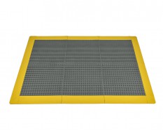 Anti-Rutsch-Klickfliesen - PVC Werkstattmatte - Anti-Ermüdungsmatte, Farbe grau/gelb, Maße 136 x 96 x 1,2 cm.