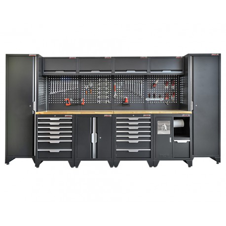 Werkzeugschrank Set - 392 cm Wandlänge, Hohe Schränke, 14 Schubladen, Mülleimer, Hängeschrank  - Mattschwarz - 392x61x200 cm