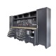 Werkzeugschrank Set - 392 cm Wandlänge, Hohe Schränke, 14 Schubladen, Mülleimer, Hängeschrank  - Mattschwarz - 392x61x200 cm
