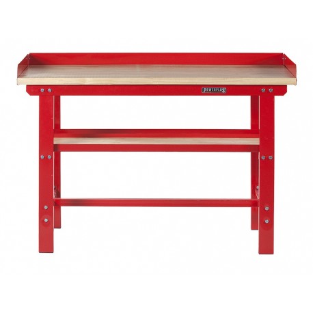 Werkbank 150 cm Stahl ( Rot ) Hartholz - Kap. 1000 kg. + 7 cm. Rand