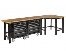 Übereck Werkbank 310 cm schwarz mit Hartholzplatte + 2x Werkstattwagen 5 Schubladen - Werkbank über eck -  Schenkel Werkbank
