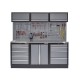 Werkstatt Set mit Metallarbeitsplatte, Werkzeugschrank, Lochwand, 3 x Hängeschrank - 9 Schubladen - 204 x 46 x 94,6 cm