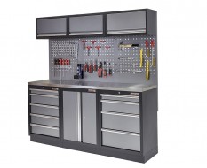 Werkstatt Set mit Metallarbeitsplatte, Werkzeugschrank, Lochwand, 3 x Hängeschrank - 9 Schubladen - 204 x 46 x 94,6 cm